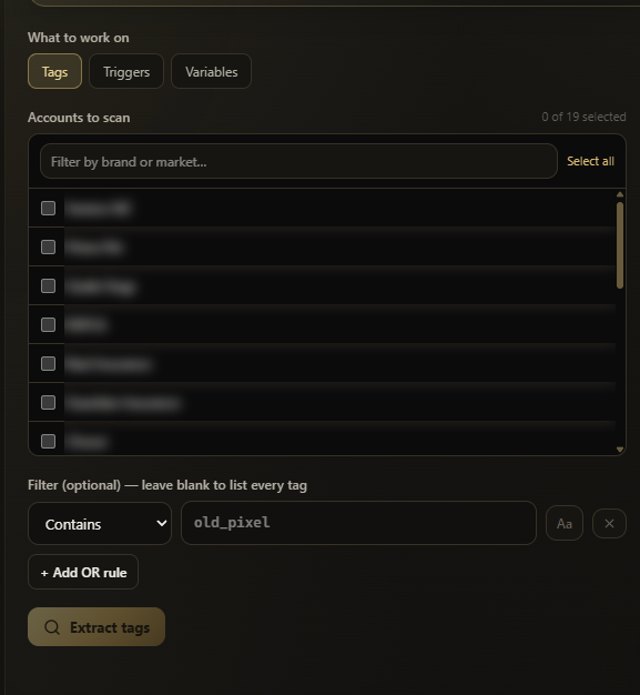ODDVX account picker for this portfolio, showing 0 of 19 containers selected, ready to scan